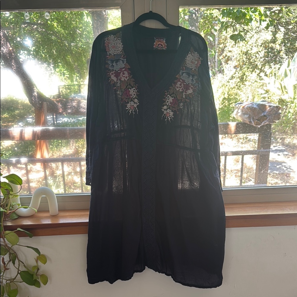Johnny Was Navy Tunic with Vibrant Embroidery